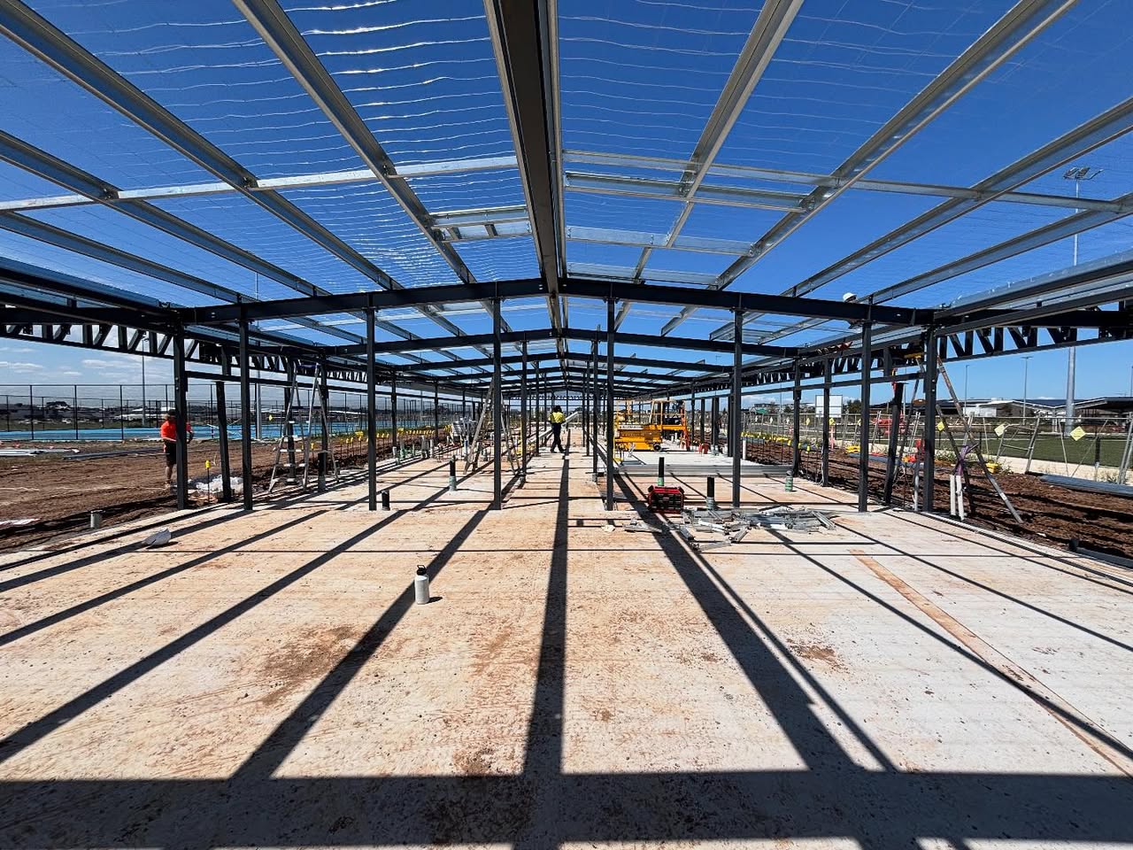 Structural steel building frame — symmetrical perspective